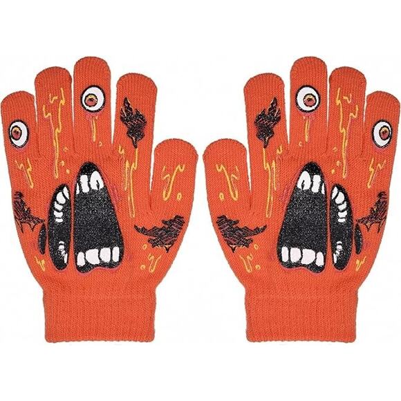 Boys 2 pairs of Gloves: 1-Halloween AND 1-Black (Monster Orange) - Picture 2 of 4